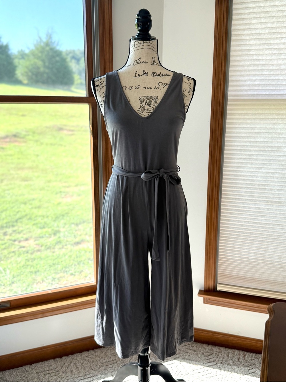 Millibon Charcoal Gray Sleeveless V-Neck Jumpsuit with Tie Waist